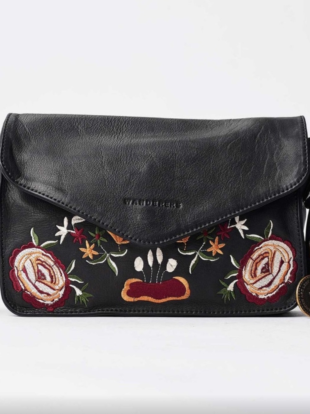Embroidered Black Leather Crossbody Bag
